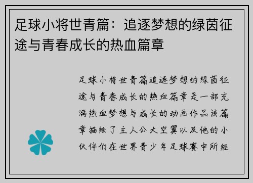 足球小将世青篇：追逐梦想的绿茵征途与青春成长的热血篇章